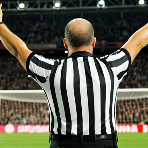 Home 11 **
A football referee making a decisive call during a match. Show the tension and importance of the moment. Include background elements like the stadium, crowd, and players reacting.
**