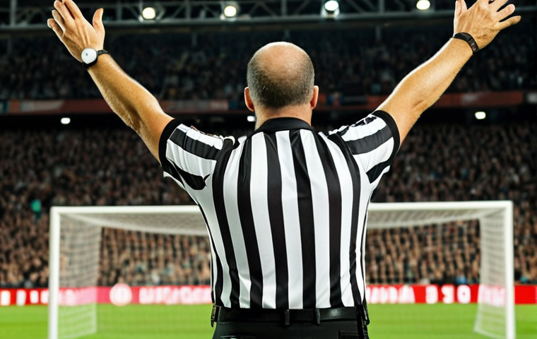 **
A football referee making a decisive call during a match. Show the tension and importance of the moment. Include background elements like the stadium, crowd, and players reacting.
**