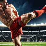 A dynamic action shot of a football player in mid-kick, demonstrating perfect form and body positioning, with visible muscle engagement and sweat, set against a blurred background of a stadium. The player's face should show intense concentration. Use a realistic and high-resolution rendering style.